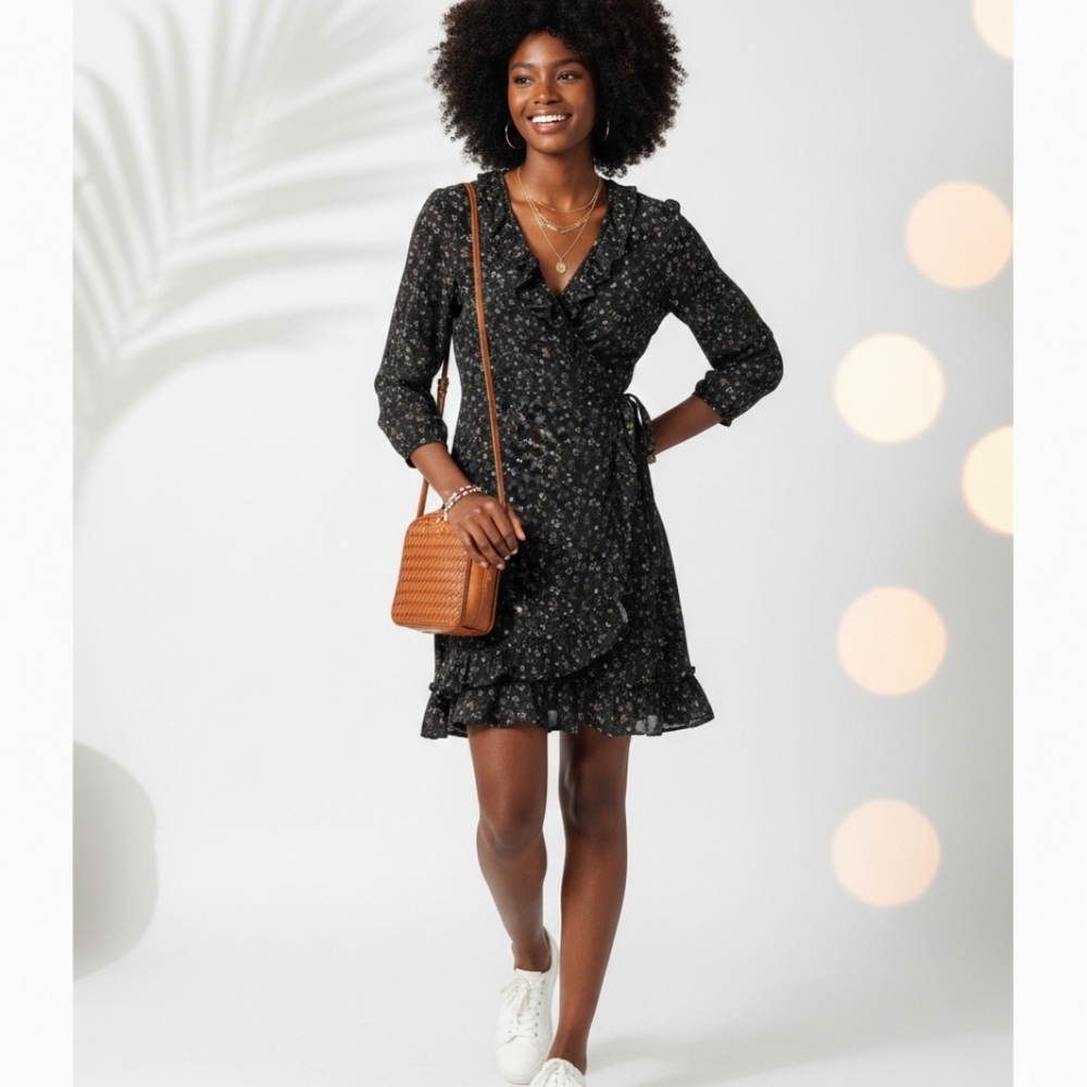 J. MCLAUGHLIN women's 4 black floral faux wrap front mini dress
